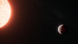 A small brown exoplanet is seen in space to the right of a sun-like star