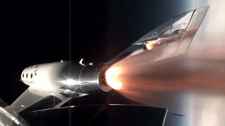 Virgin Galactic's VSS Unity space plane fires its rocket engine to carry two pilots and four passengers to suborbital space and back on the Galactic 07 mission on June 8, 2024.