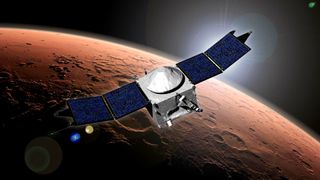 Artist&rsquo;s illustration of NASA's MAVEN spacecraft, which is investigating how, why and when Mars lost most of its atmosphere.