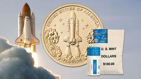 a golden dollar coin depicts a space shuttle launching, similar to a background photo of an actual lift off 
