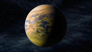 An illustration of an exoplanet with blue and green