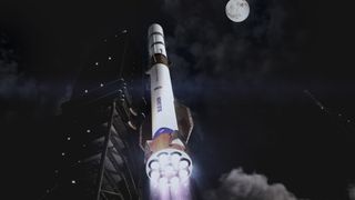 Artist's illustration of Blue Origin's planned New Glenn 9x4 super heavy lifter launching into space.