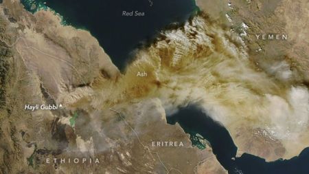 An image of Earth from space, showing Ethiopia and the Middle East covered with brown and gray streaks of ash